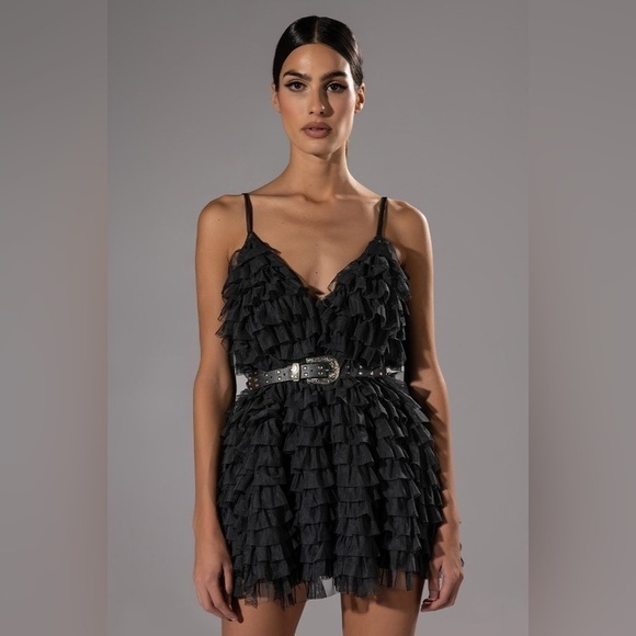 AKIRA CRAZY FOR YOU BELTED TIERED TULLE MINI DRESS IN BLK NWT LARGE - Picture 1 of 7